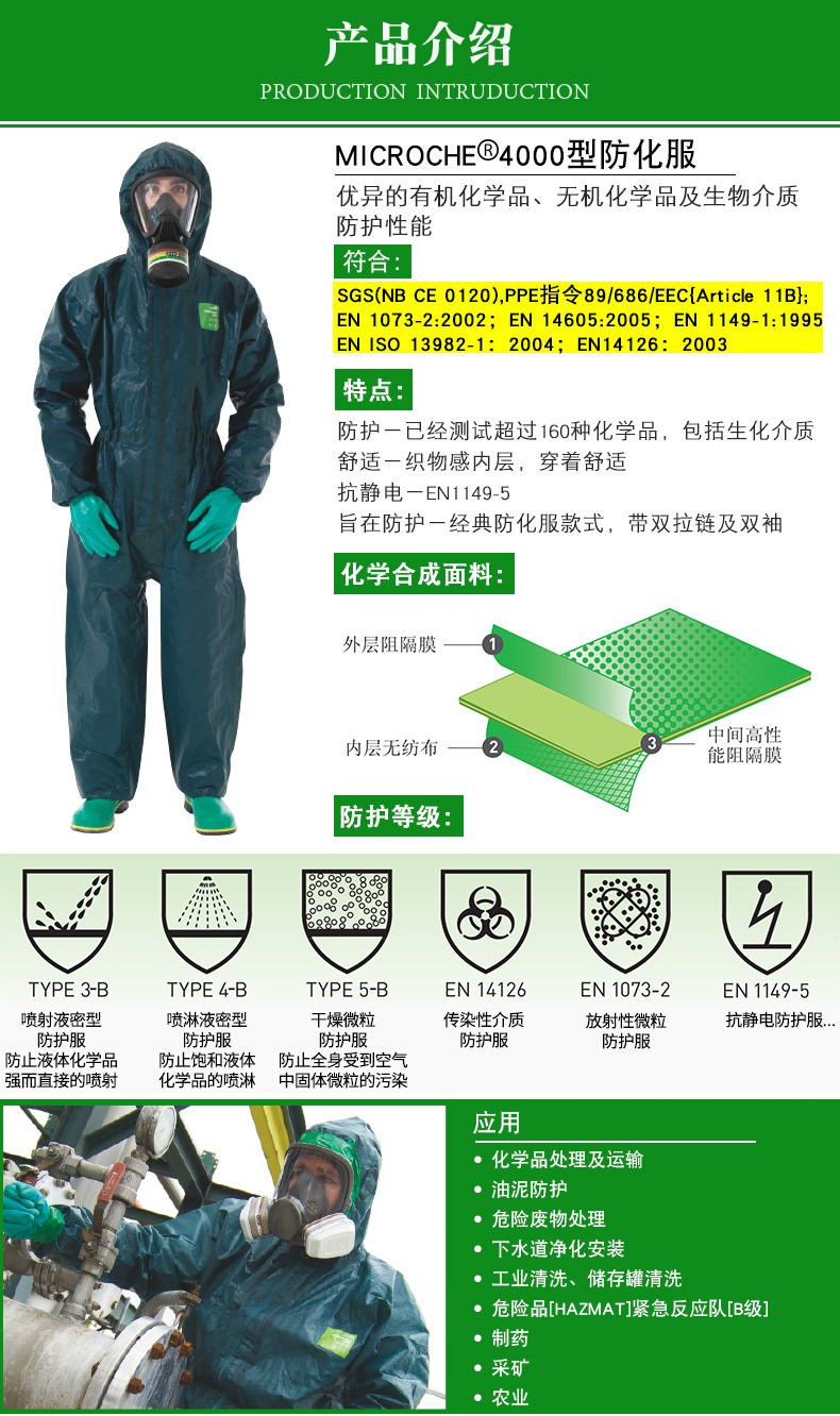 微護(hù)佳GR40-T-99-122-02MC4000綠色雙袖雙褲腿帶腳套連體防化服圖片3