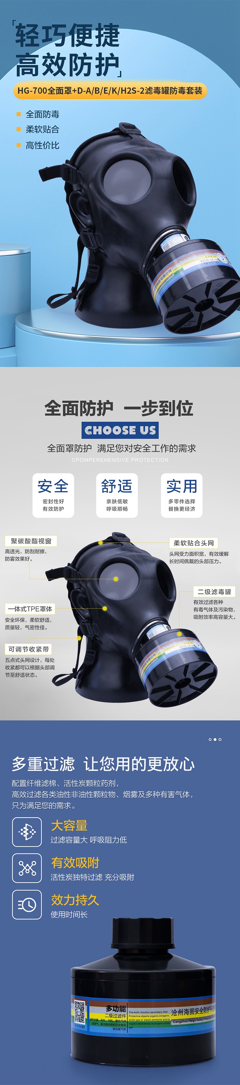 海固HG-700 D-A/B/E/K/H2S-2濾毒罐綜合活性炭防毒面具圖片